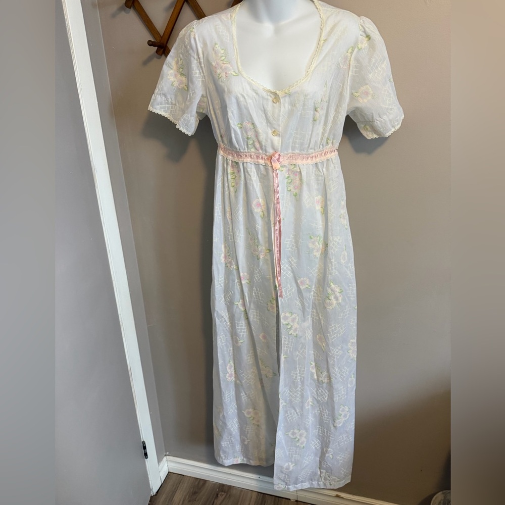 Vintage Floral Lace Trim Empire Waist Maxi Nightgown White prairie Cottagecore M